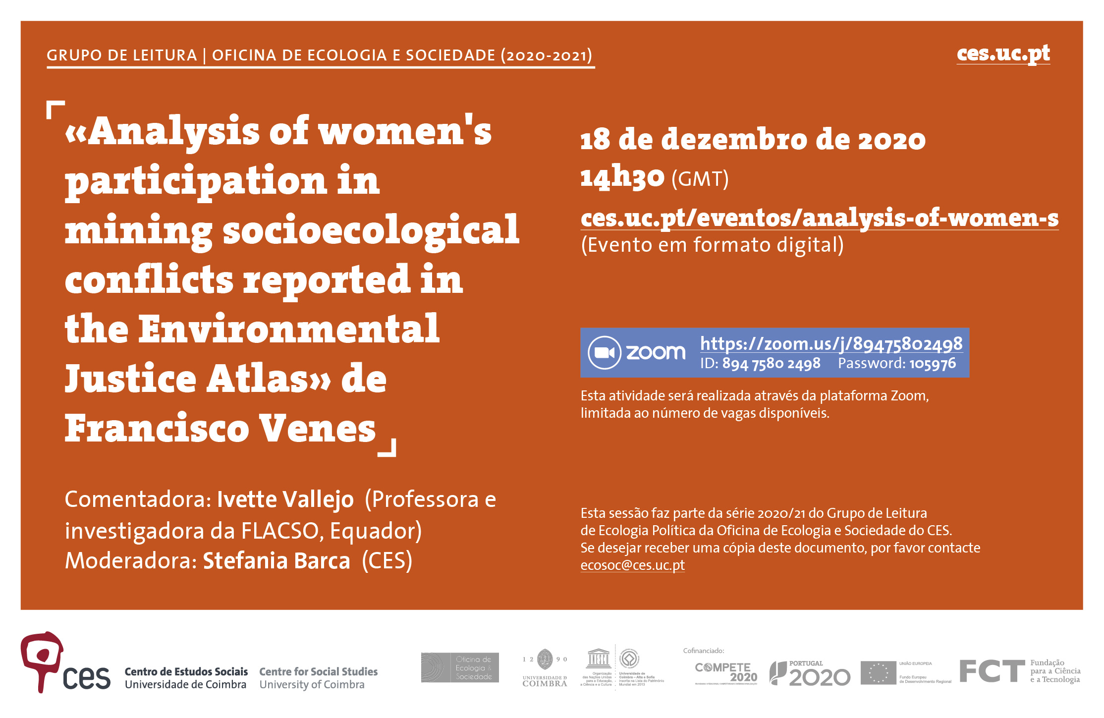 "Analysis of women's participation in mining socioecological conflicts reported<br />
	in the Environmental Justice Atlas" by Francisco Venes<span id="edit_31767"><script>$(function() { $('#edit_31767').load( "/myces/user/editobj.php?tipo=evento&id=31767" ); });</script></span>